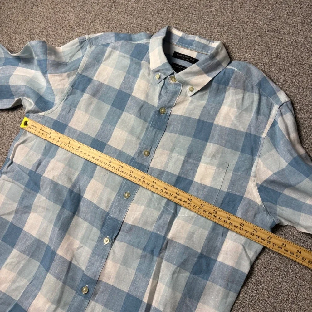 Banana Republic Linen Shirt Mens M Camden Fit Blue Gingham Button-Down Sleeve